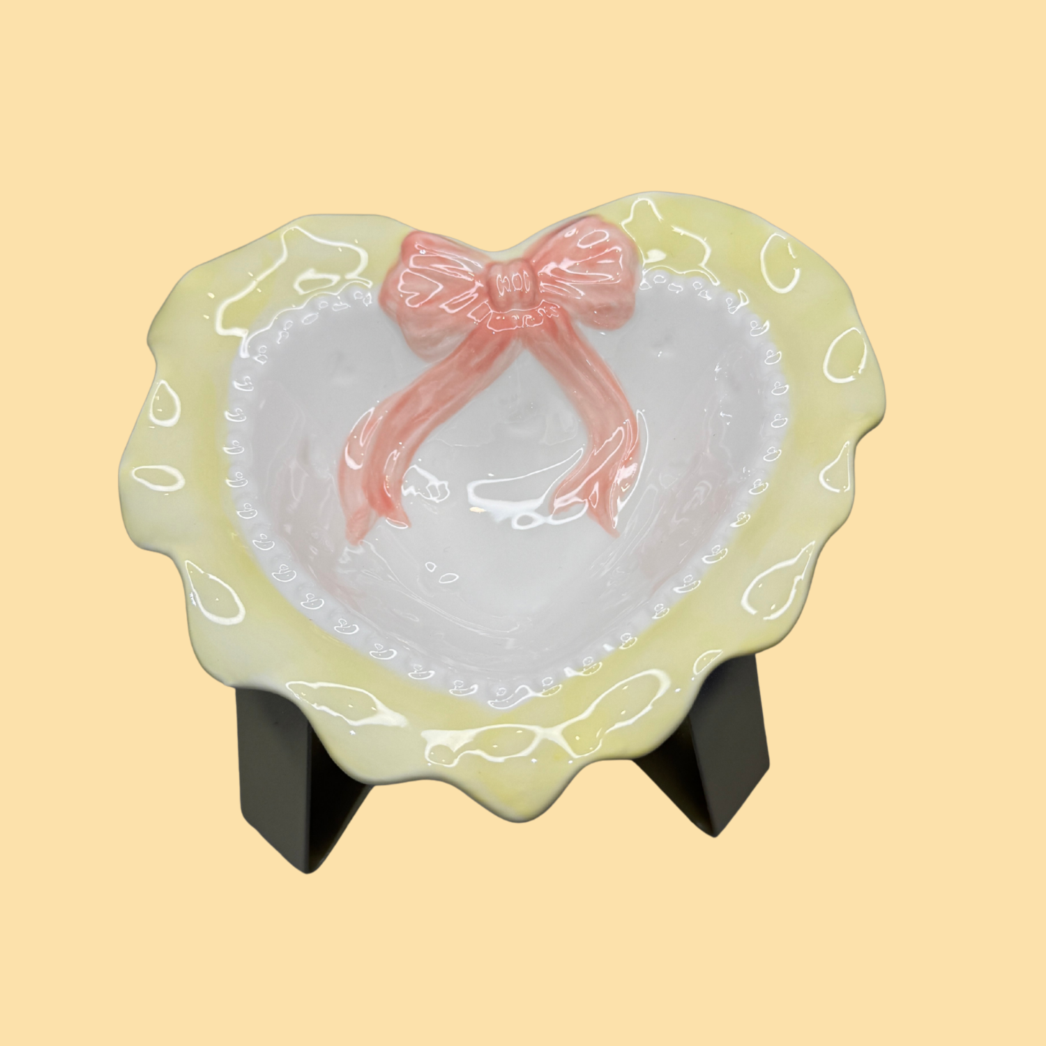 Yellow Heart Ceramic Pet Bowl with Stand