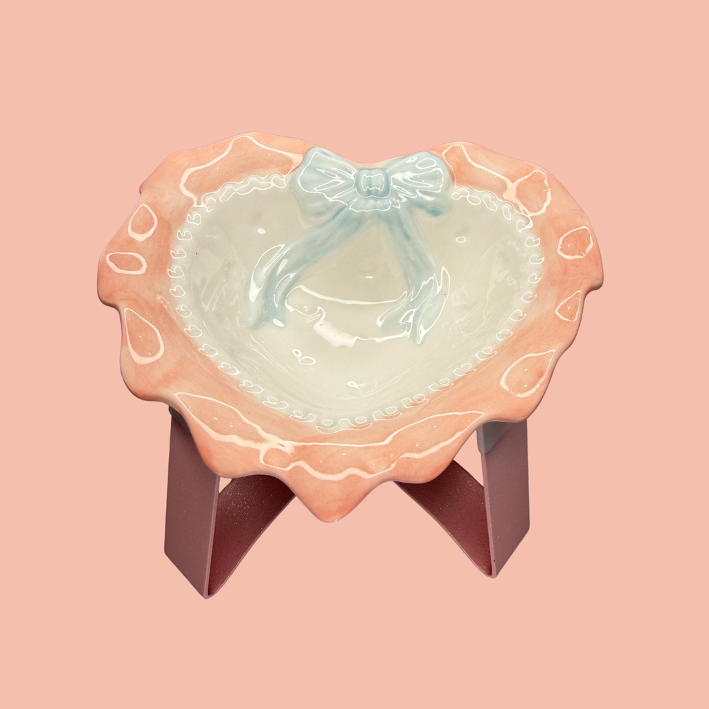 Pink Heart Ceramic Pet Bowl with Stand