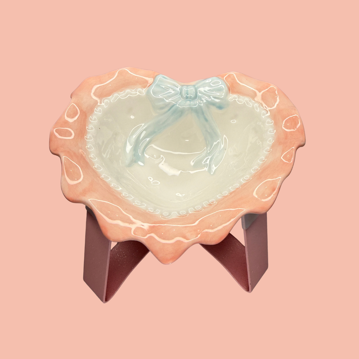 Pink Heart Ceramic Pet Bowl with Stand