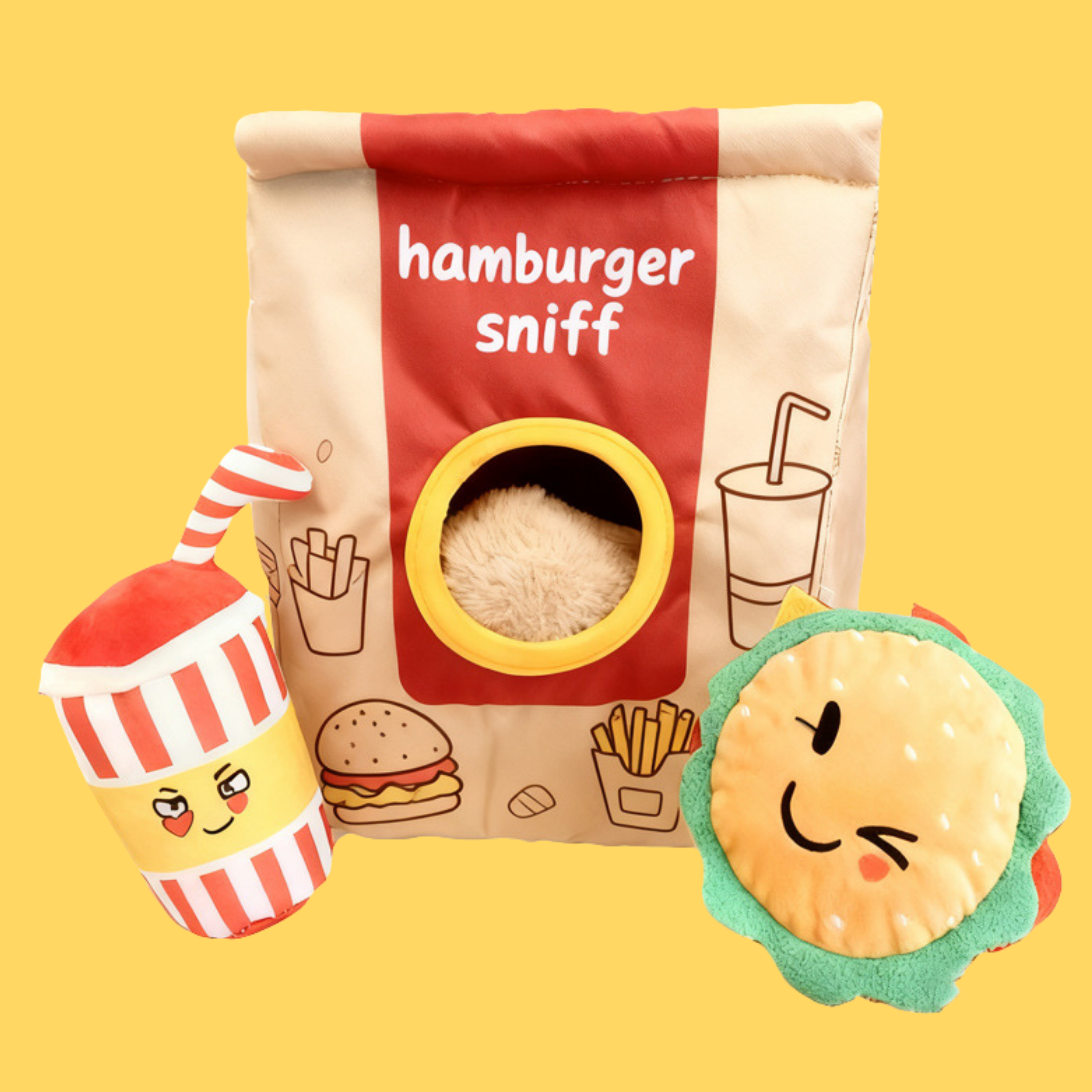 Hamburger Bag Snuffle Squeaky Toy Set
